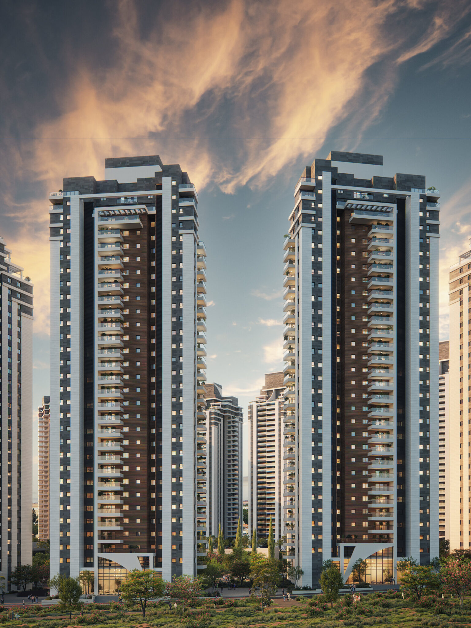 Central Park Beer Sheva – exterior render, two towers with lit ground-floor lobbies at sunset