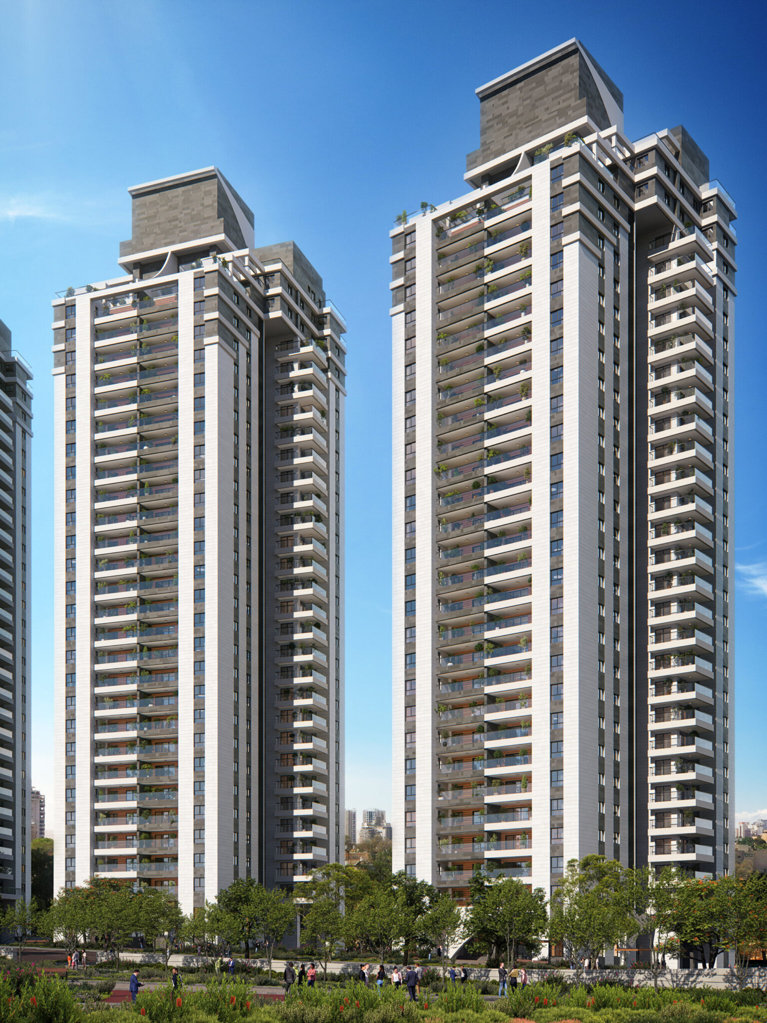 Central Park Beer Sheva – exterior render, two towers seen from the garden under a clear sky