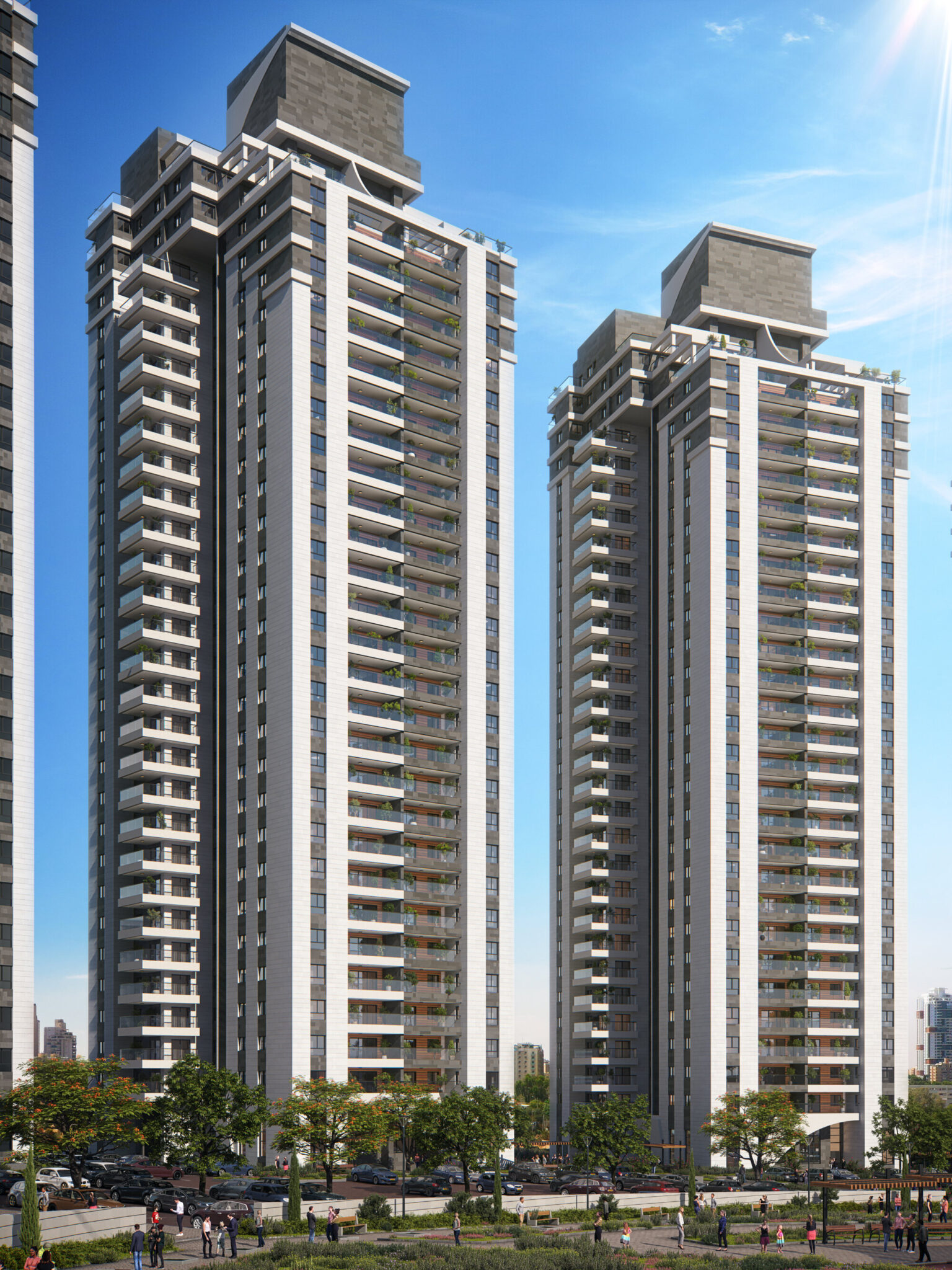 Central Park Beer Sheva – exterior render, two towers seen from the street with parking and landscaping