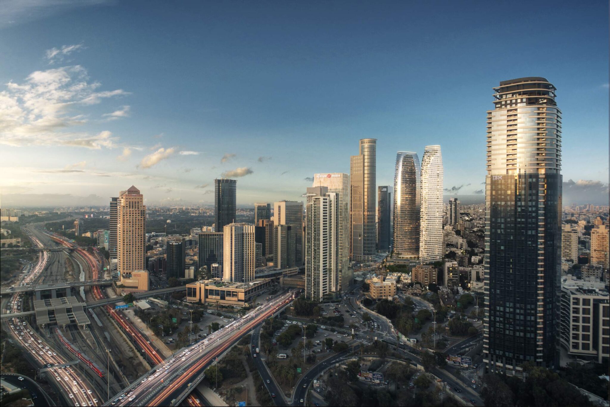 אקסצ'יינג' רמת גן – הדמיית חוץ, קו הרקיע של רמת גן עם המגדלים בשעות אחר הצהריים