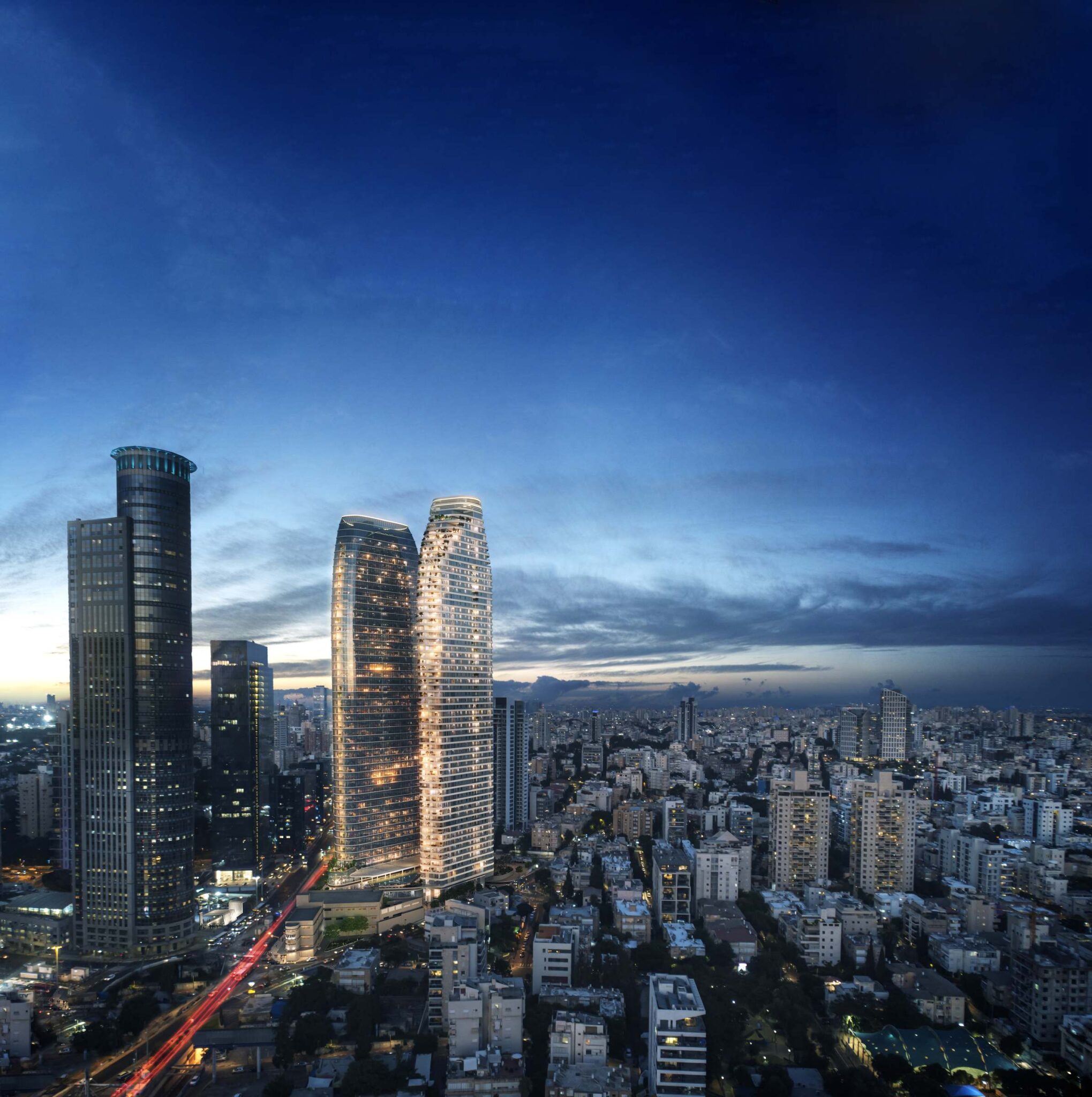 אקסצ'יינג' רמת גן – הדמיית חוץ, מבט על שני המגדלים בשקיעה מעל העיר