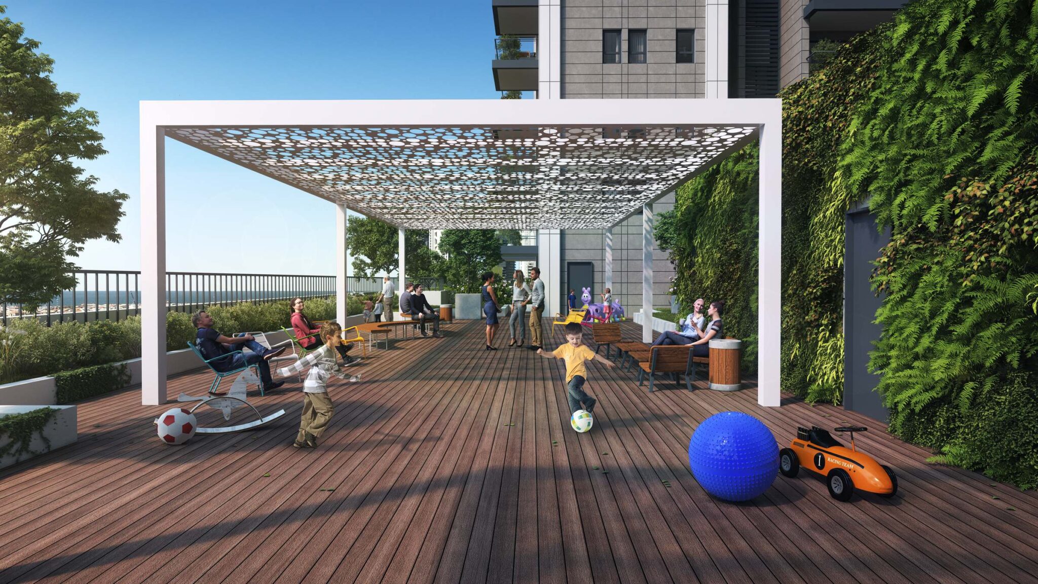 מומנט בת ים – הדמיית חוץ, מרפסת גג משותפת עם דק עץ וקיר ירוק