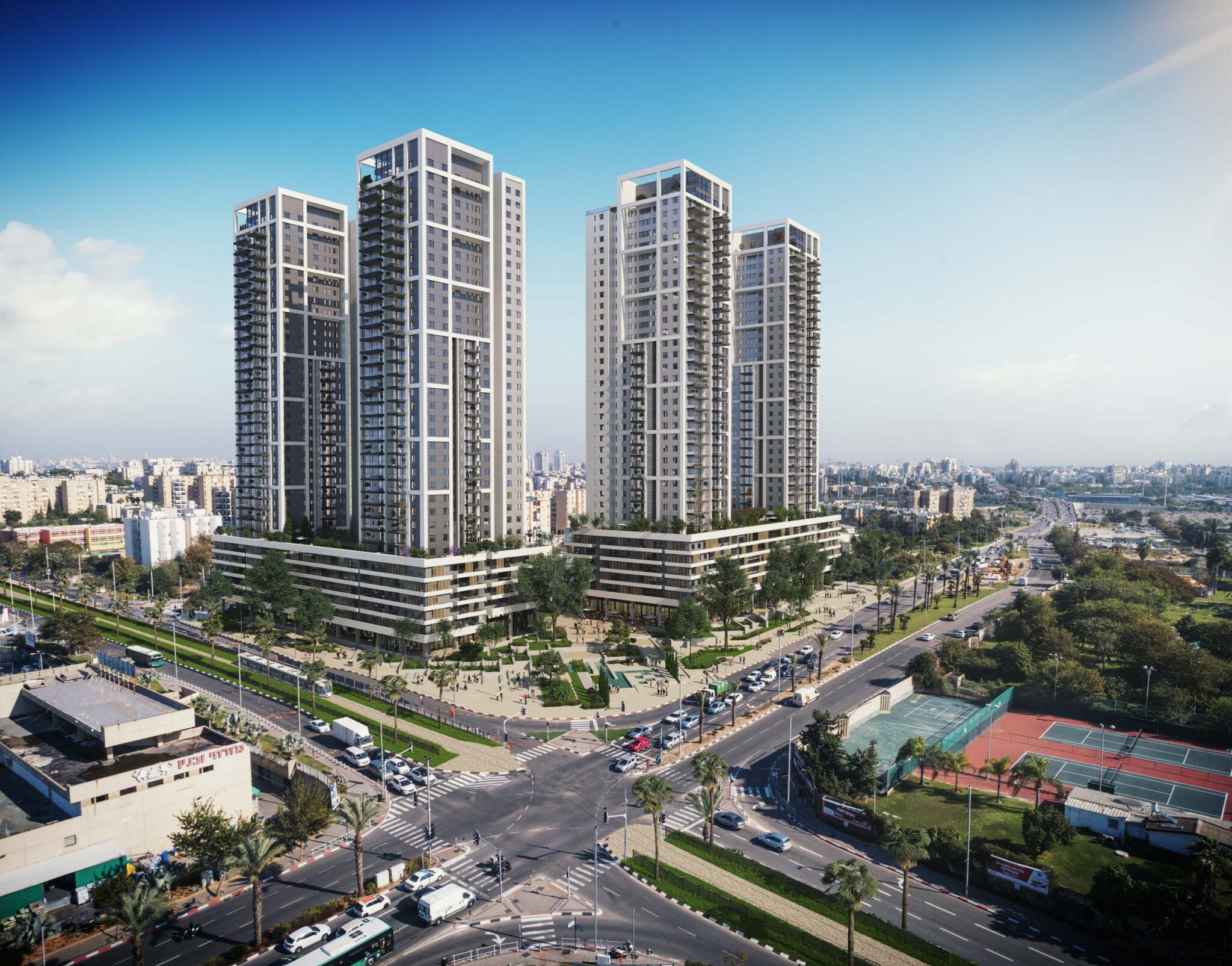 מומנט בת ים – הדמיית חוץ, מבט אווירי על המגדלים והצומת
